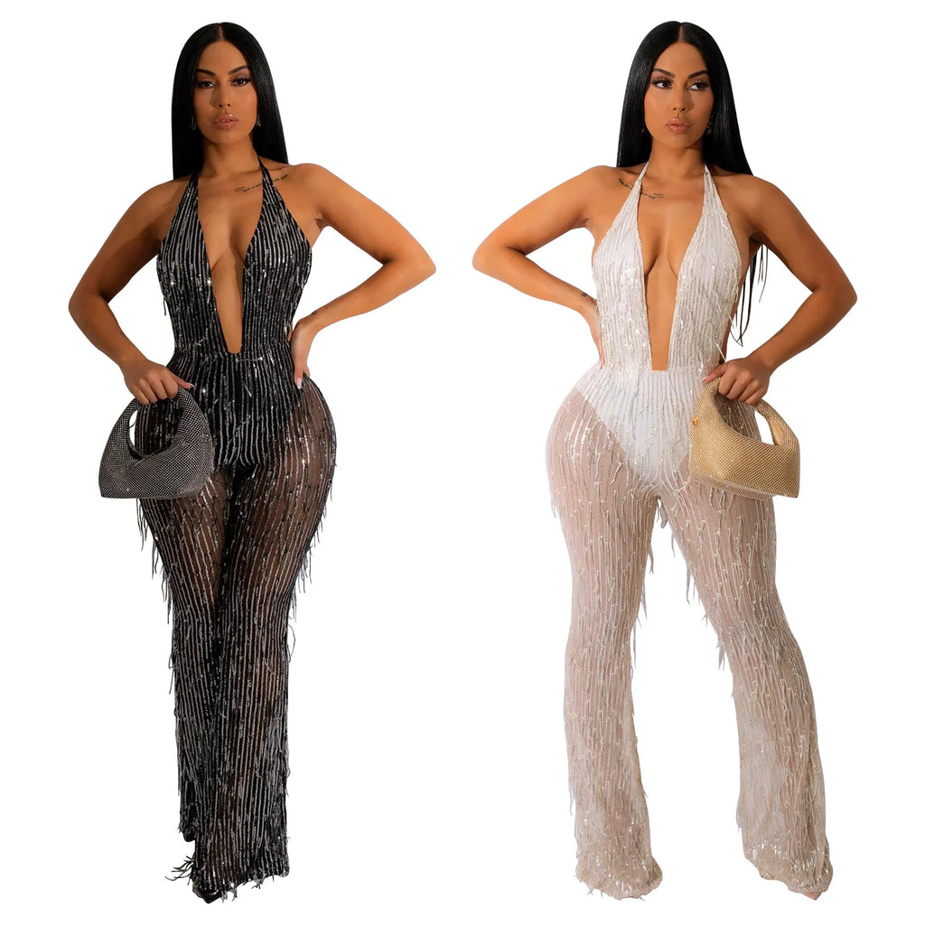 Transparent Mesh Sleeveless Long Pants Jumpsuit