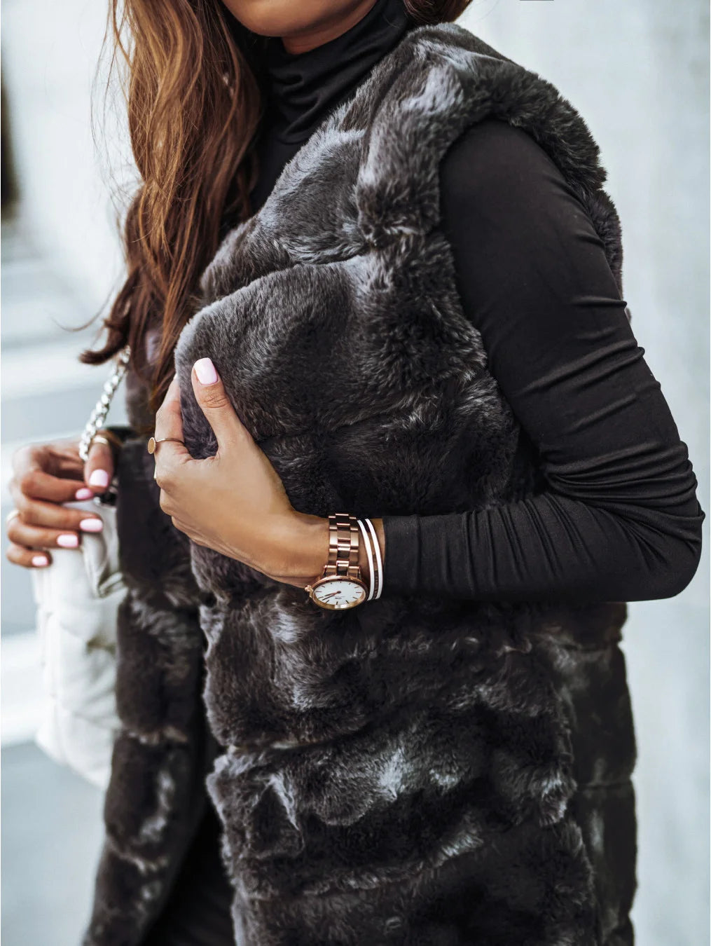 Women’s Winter Round Neck Fur Vest Long Vest Jacket