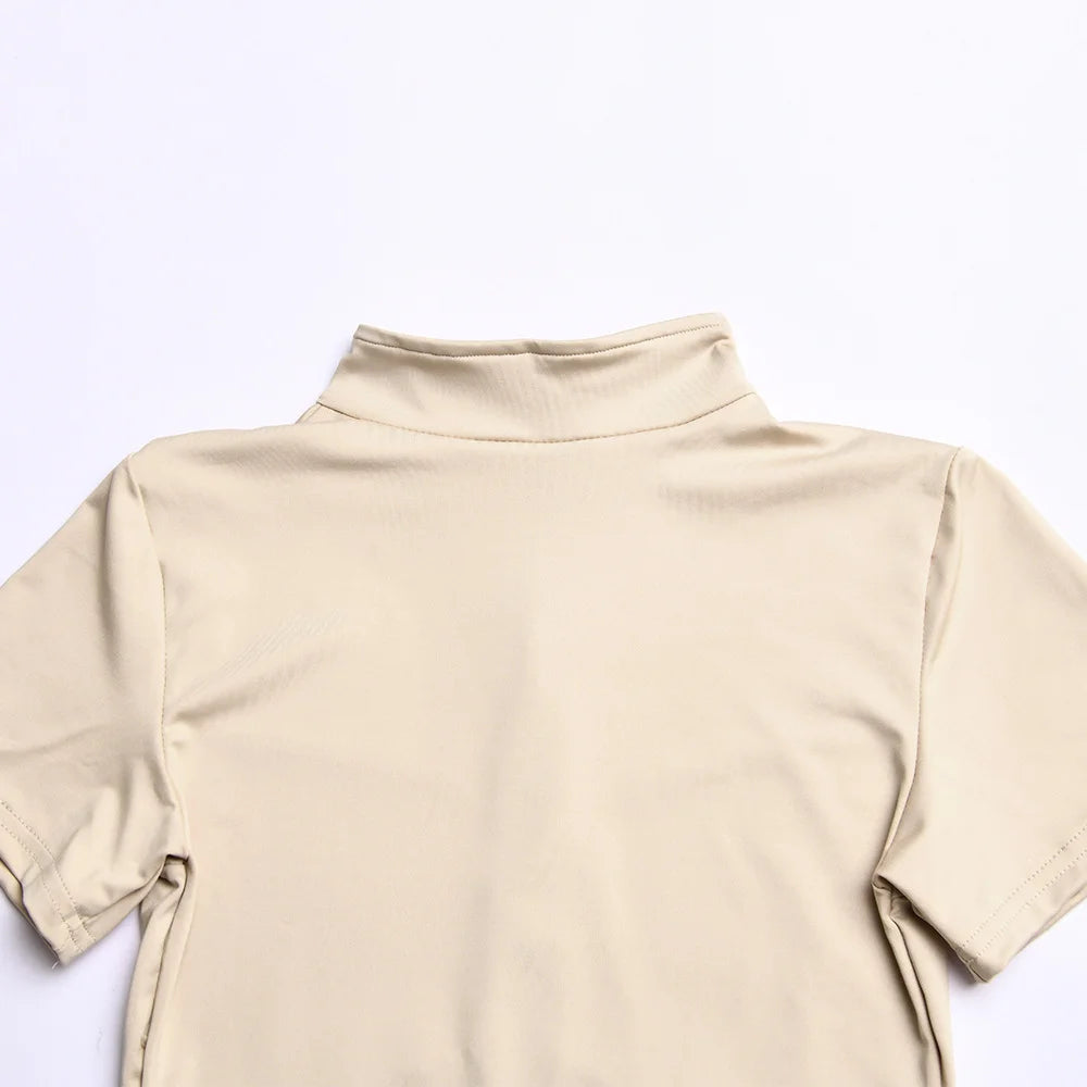 Tight Short Skirt One Piece Round Neck Short Sleeve Zipper Bottom Shirt