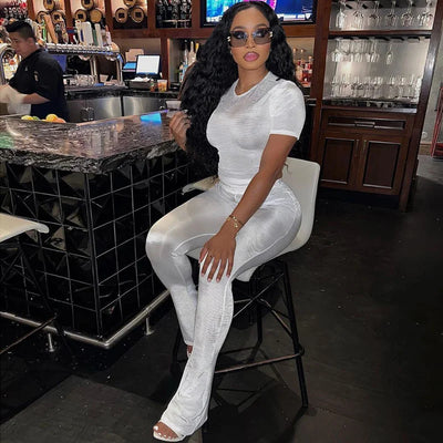 New Slim Short Sleeved Top High Waist Casual Trousers Suit