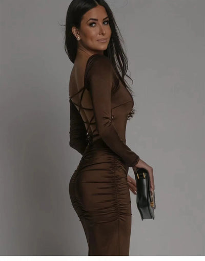 Long Dress With Square Neck Long Sleeve