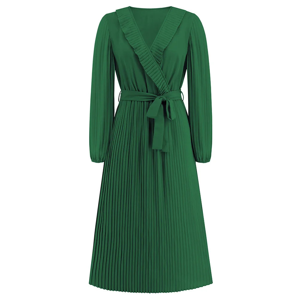 V Necked Long Sleeved Pleated Dress
