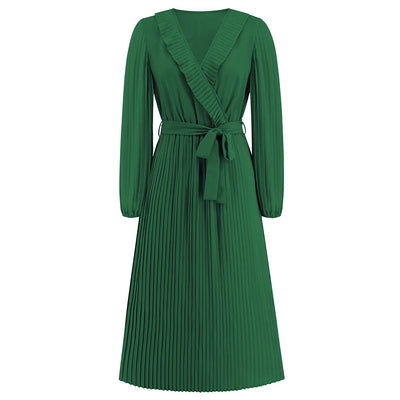 V Necked Long Sleeved Pleated Dress
