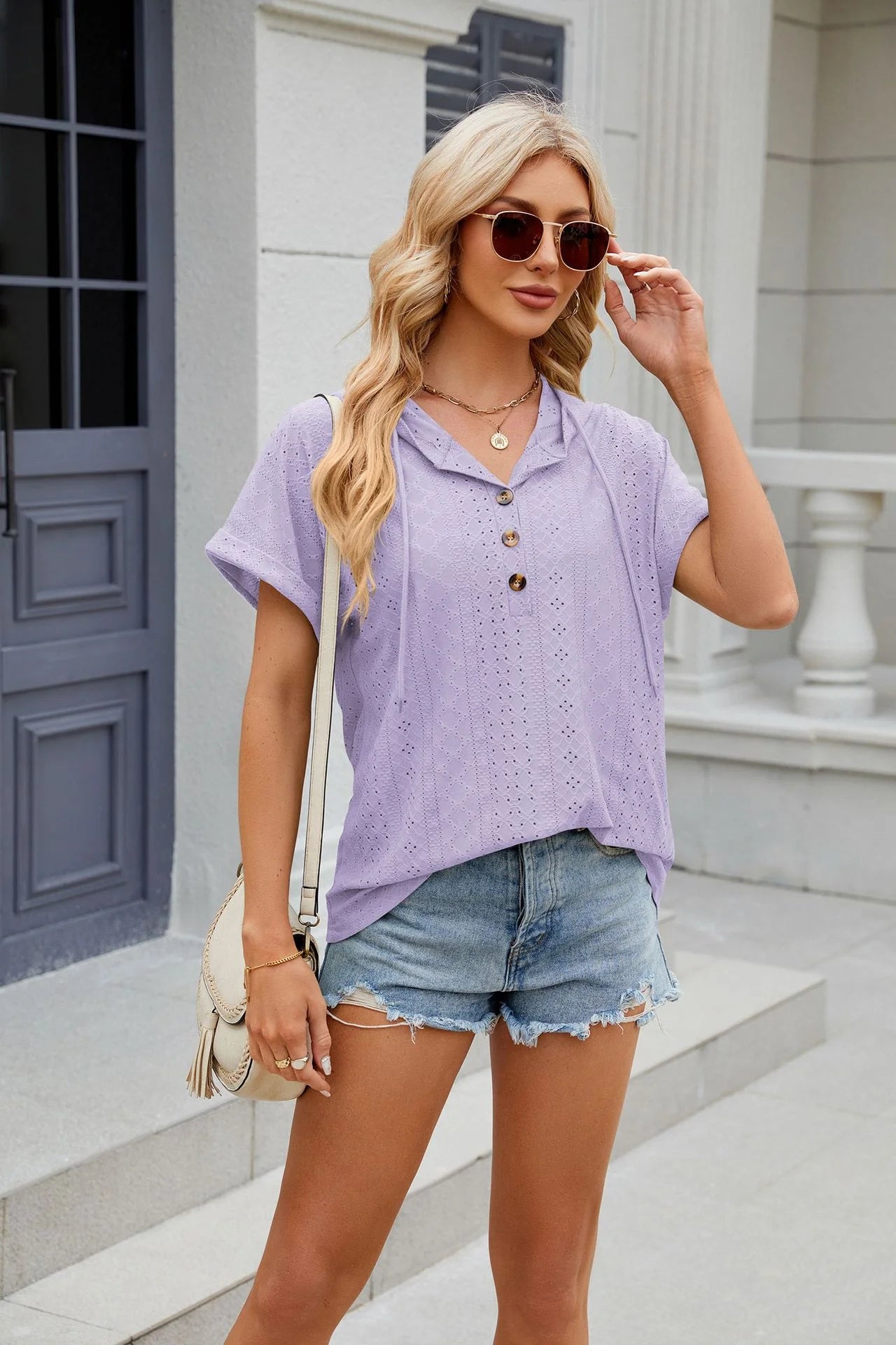 Loose Short Sleeve Button Down Blouse