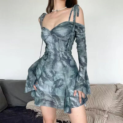 Sexy Shoulder Trumpet Sleeve With Printed Waist Dress