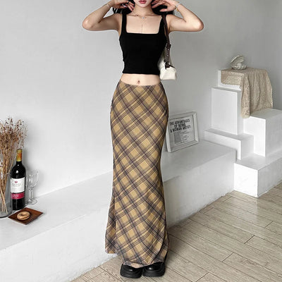 Women’s Solid Color Slim Hip Street Fashion High Waisted Checked Skirt