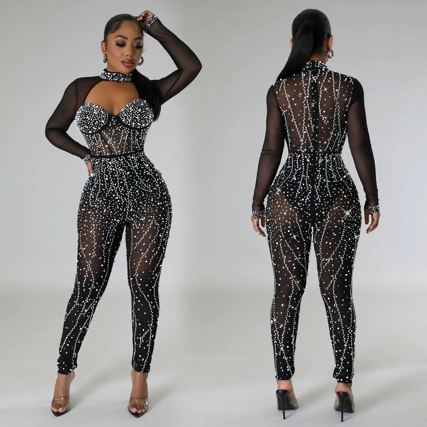 Long Sleeve Jumpsuit With Solid Color Diamonds