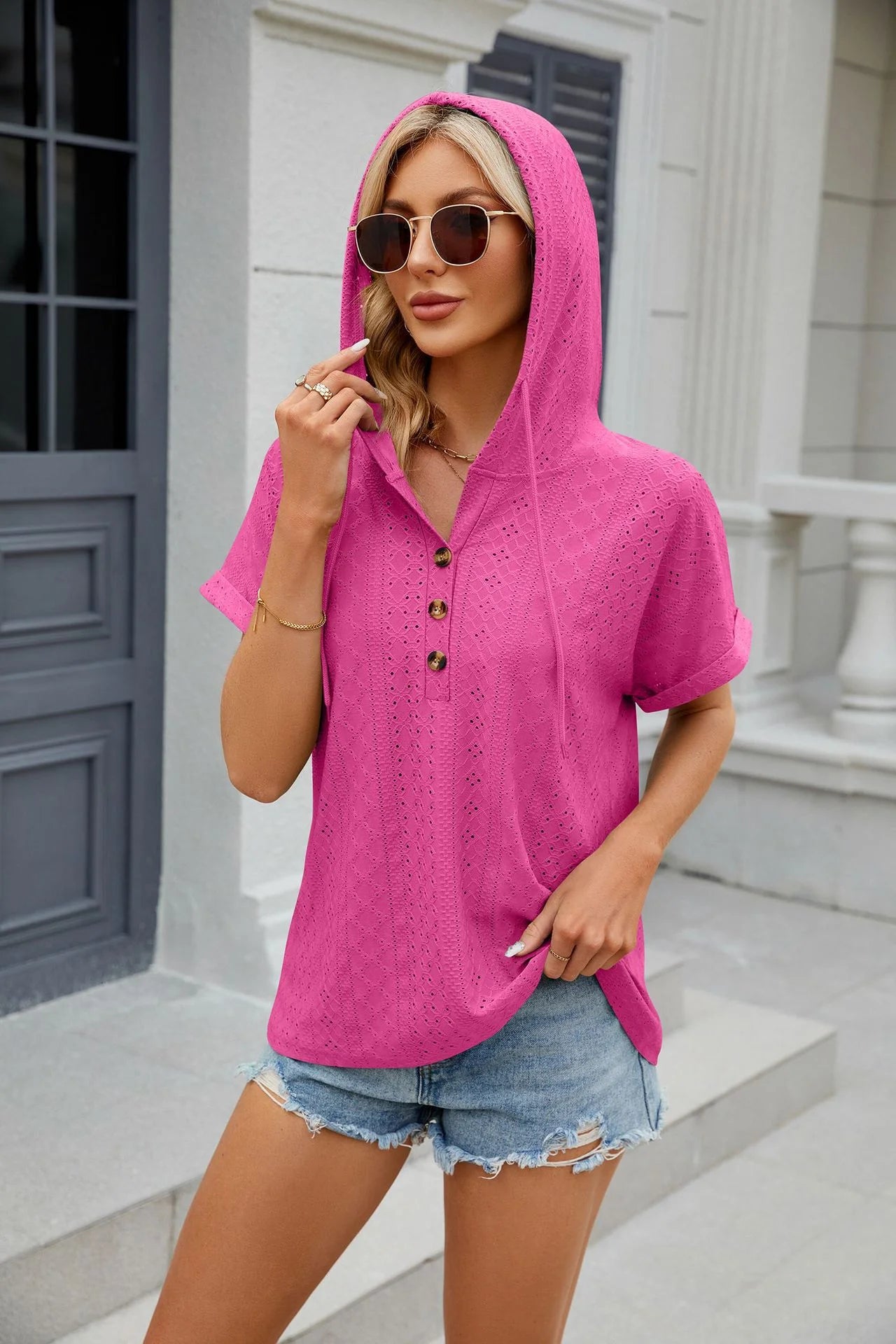 Loose Short Sleeve Button Down Blouse