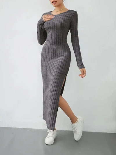 Long Sleeve Round Neck Slit Knitted Maxi Dress