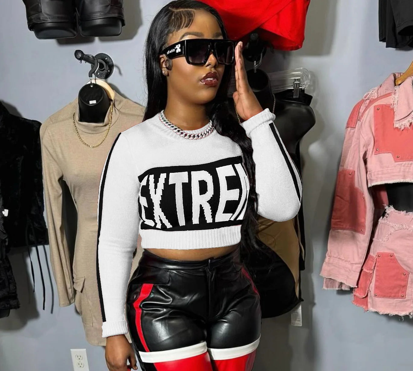 New Fashion Versatile Trend Knitted Letter Long Sleeve Pullover Slim Crop Top Sweater
