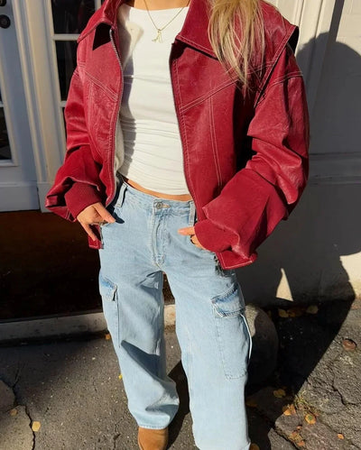 Leather Jacket with Long Sleeves and Zipper
