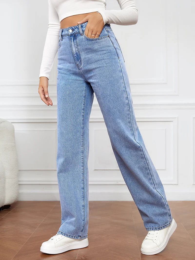 Stretch Wash Denim Fashion Straight Leg Pants Jeans Women’s Pants