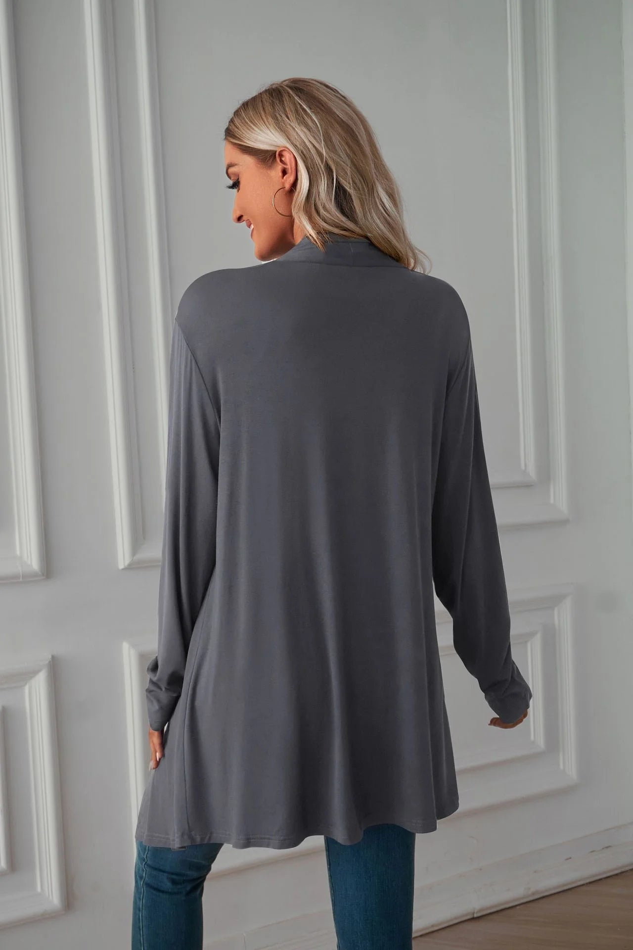 Pure Color Long Sleeved Cardigan Coat Long Blouse Woman