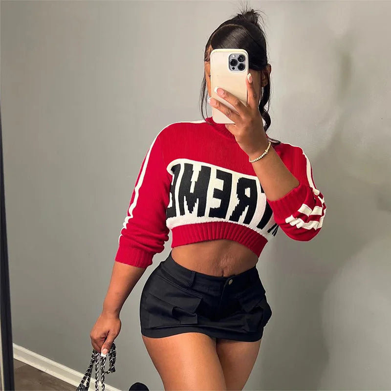 New Fashion Versatile Trend Knitted Letter Long Sleeve Pullover Slim Crop Top Sweater