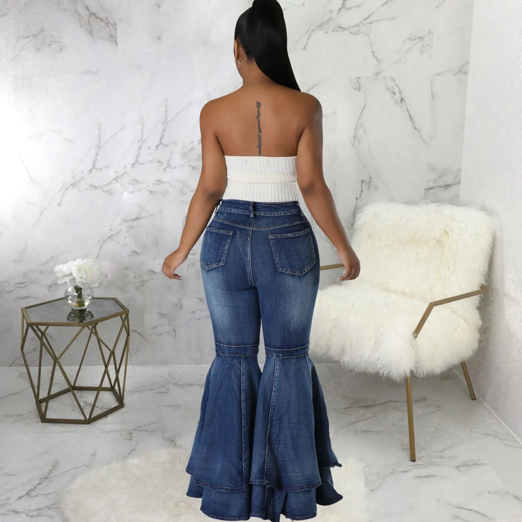 Versatile Wide Leg Washed Denim Stretch Bell Bottoms
