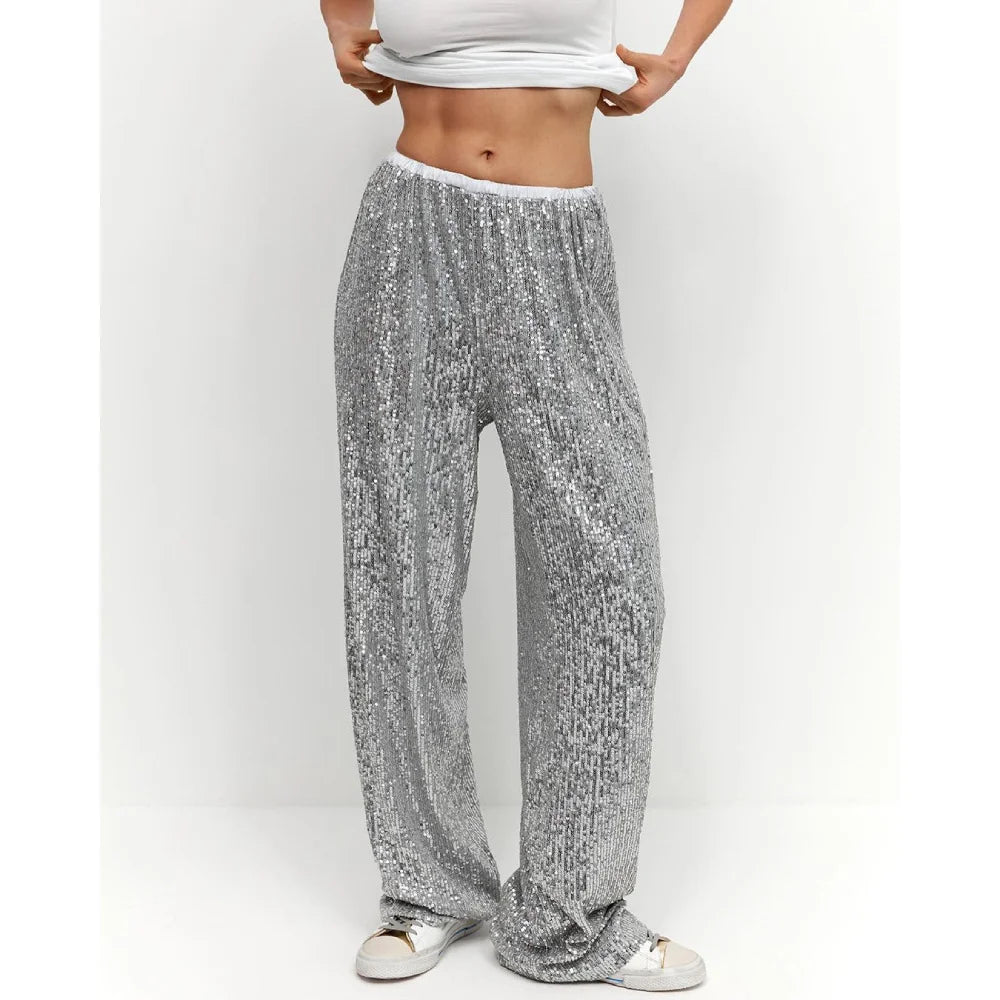 Style Pearl Sequin Straight Tube Mop Pants