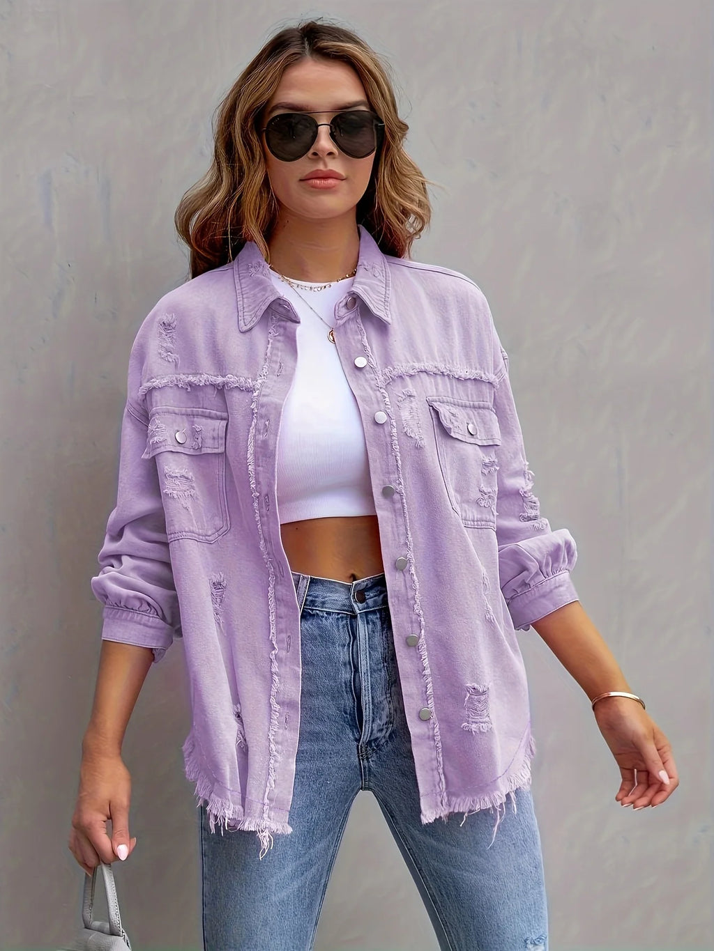 Long Sleeved Jeans Jacket With Holes In Solid Color