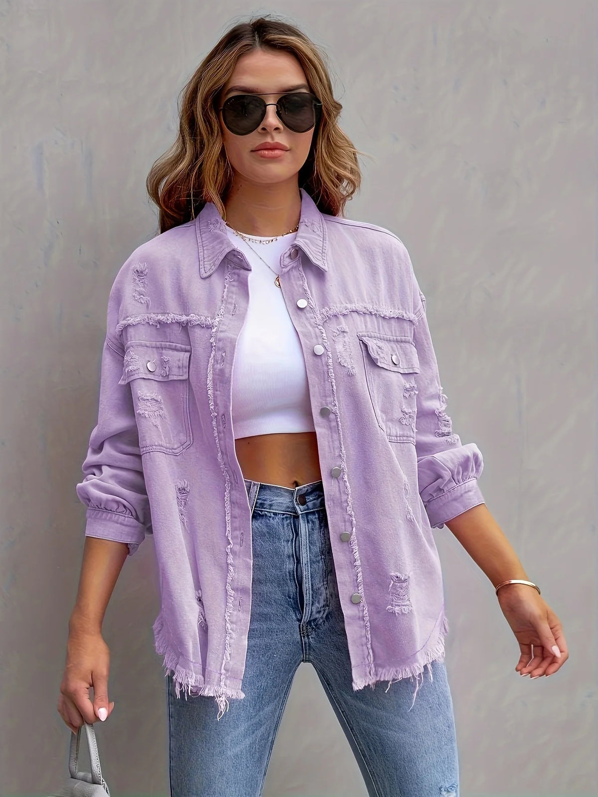 Long Sleeved Jeans Jacket With Holes In Solid Color