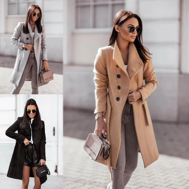 Tweed Coat Solid Color Lace Up Midi Woolen Trench Coat