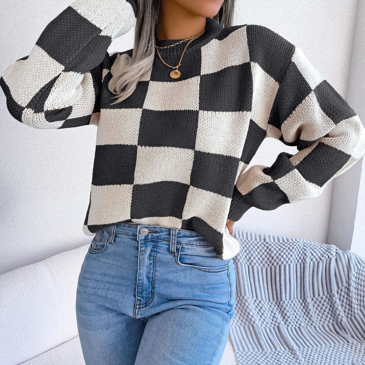 Streetwear Contrasting Plaid Long Sleeved Pullover Knit Sweater