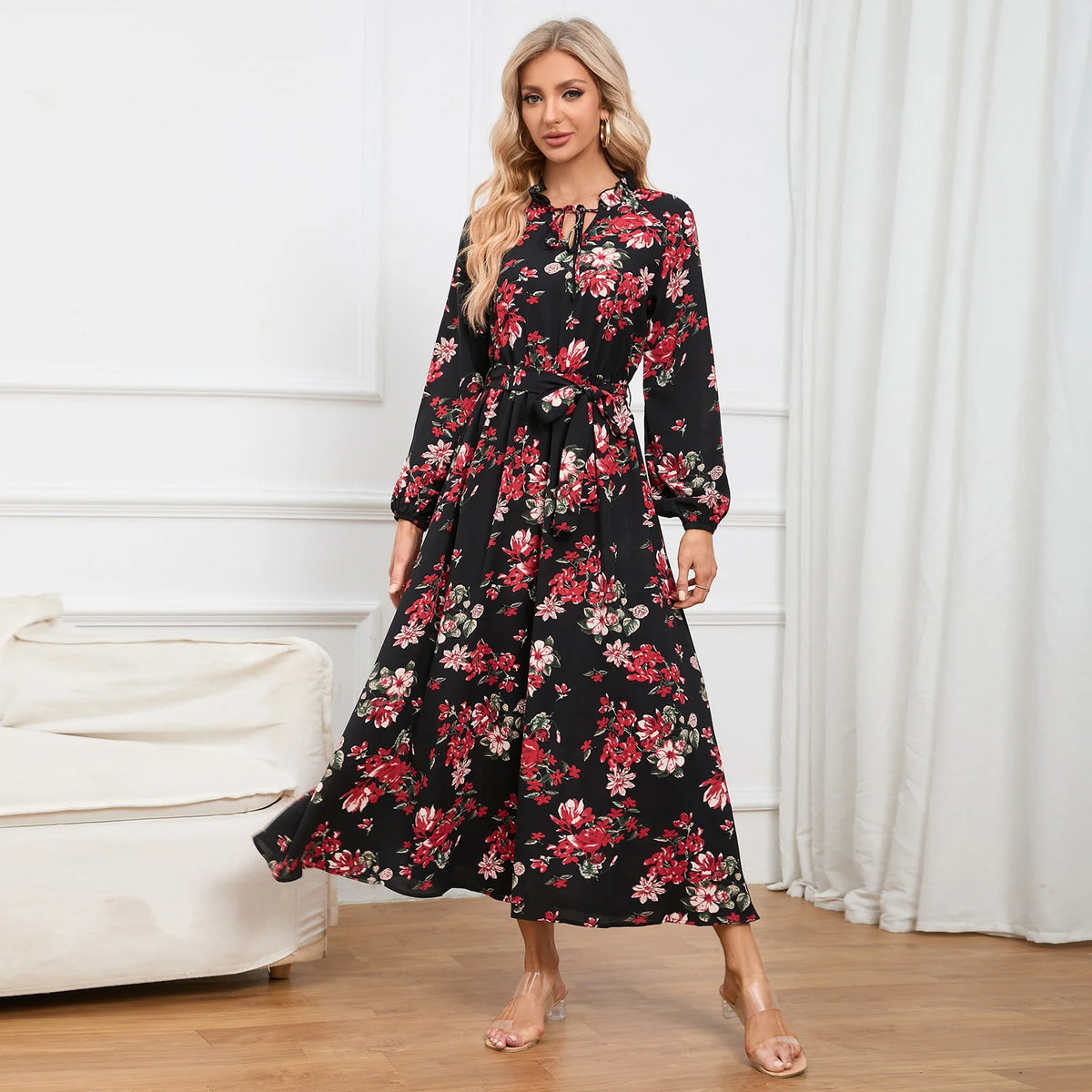 Sleeve Stand Collar Lace Floral Dress