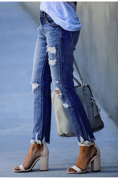 Washed Frayed Tassel Jeans Slim High Stretch Small Leg Trousers