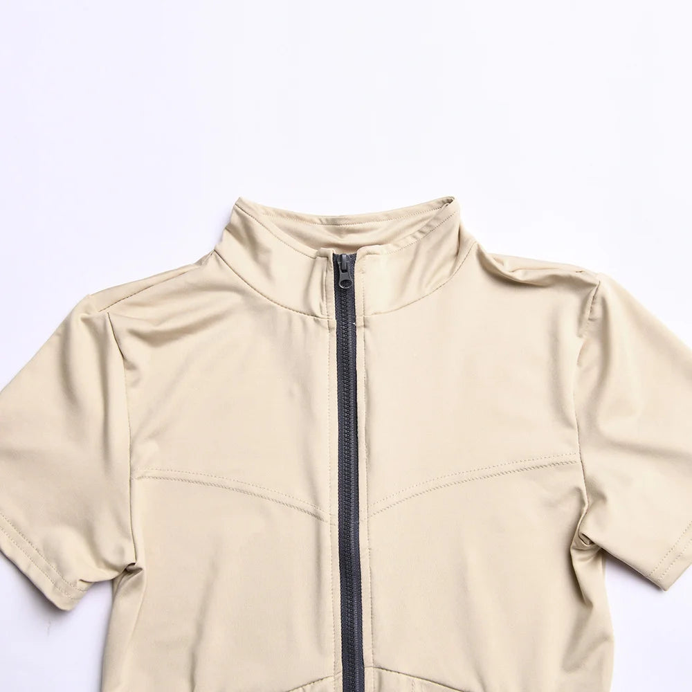 Tight Short Skirt One Piece Round Neck Short Sleeve Zipper Bottom Shirt