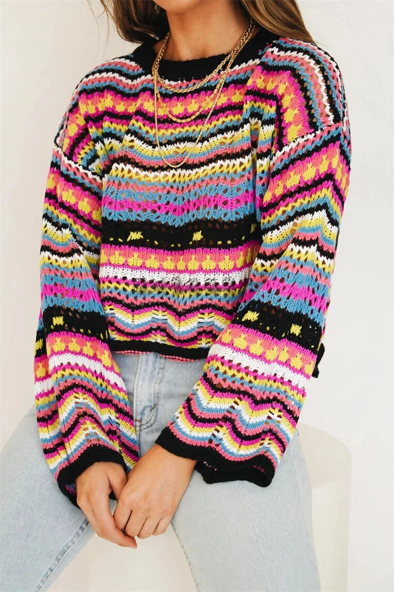 Stitched Knit Sweater Loose Intercolored Round Neck Striped Sweater Female