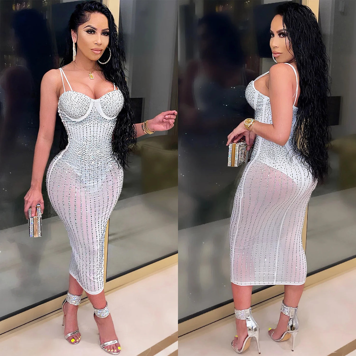 Mesh Perspective Hot Diamond Dress