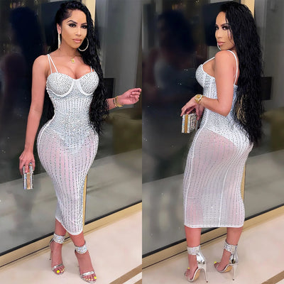 Mesh Perspective Hot Diamond Dress