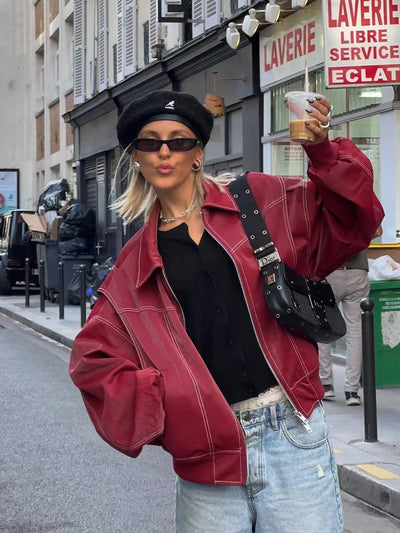 Leather Jacket with Long Sleeves and Zipper