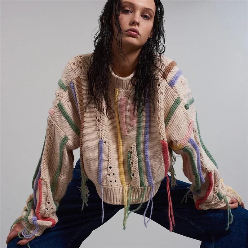 Knitwear Color Blocked Tassels Versatile Casual Sweater
