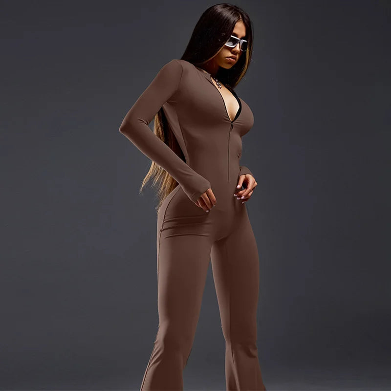Solid Color Skinny Zipper Sports Yoga Jumpsuit