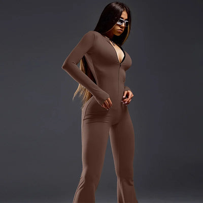 Solid Color Skinny Zipper Sports Yoga Jumpsuit