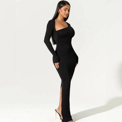 Long Sleeved Diagonal Collar Sexy Babes Slim Back Slit Dress Fashionable