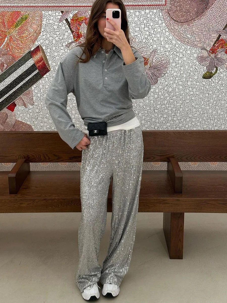 Sequined Straight Tube Pants