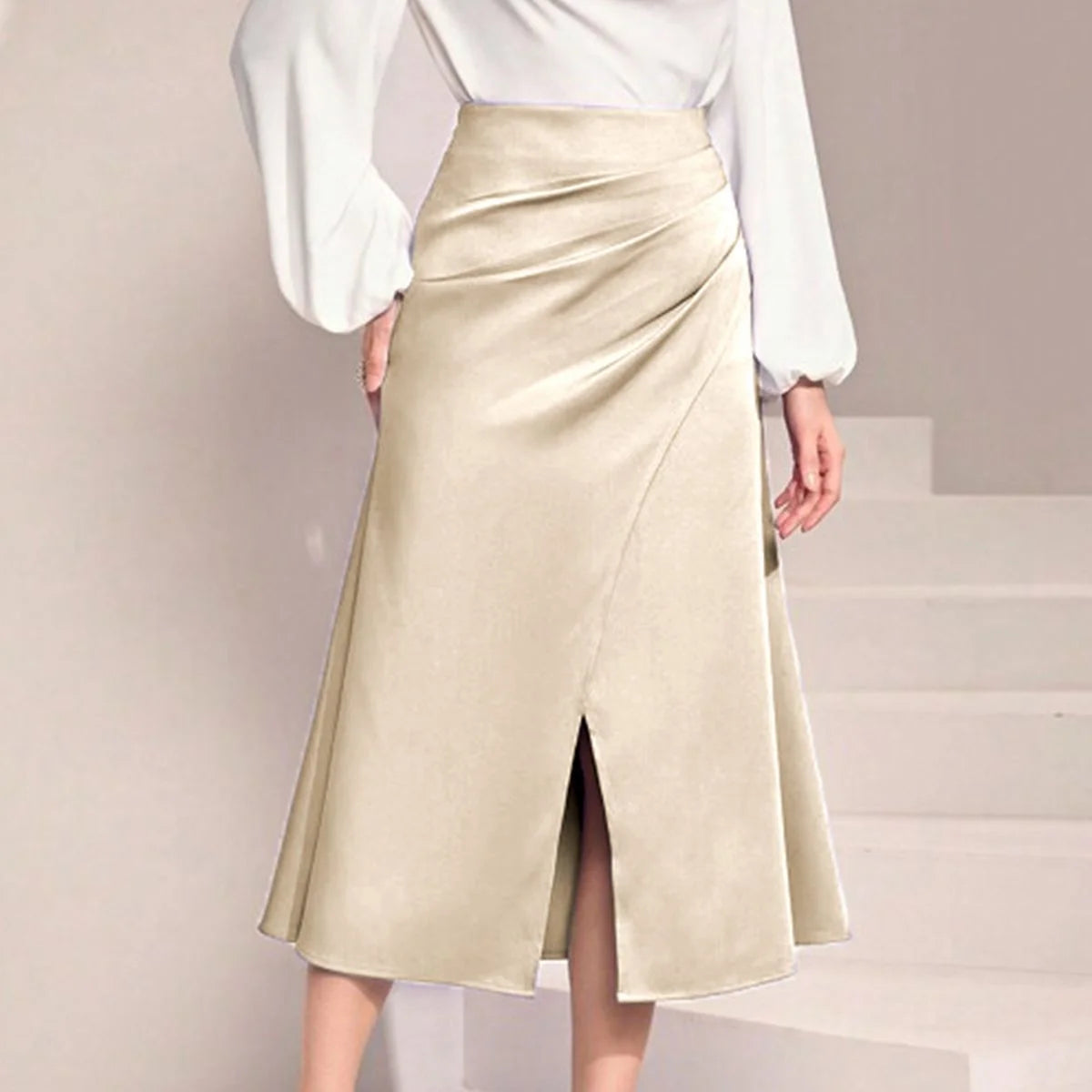 High Waisted Satin Pile Pleated Slit Long Skirt Solid Color Skirt Zipper Fishtail Hip Skirt