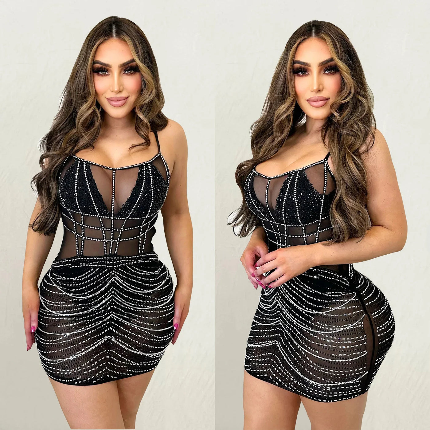 Sleeveless Mesh Hot Diamond Short Dress