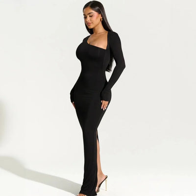Long Sleeved Diagonal Collar Sexy Babes Slim Back Slit Dress Fashionable