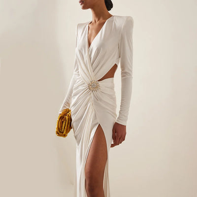 V-Neck Long Sleeve Pleated Wrap Dress