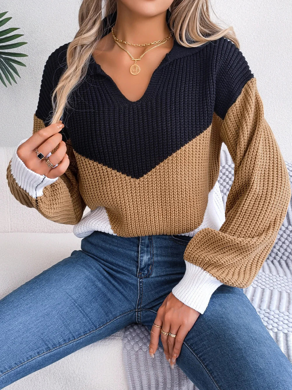 Casual Lapel Contrast Long Sleeved Knitted Pullover Sweater