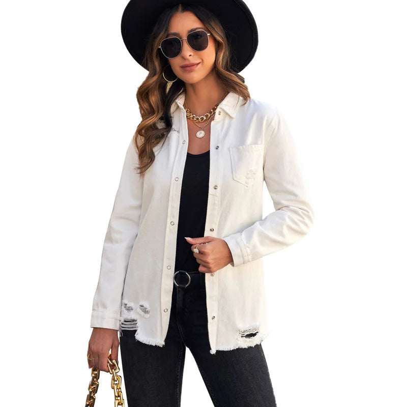 Long Sleeve Jacket With Distressed Long Sleeve Solid Color