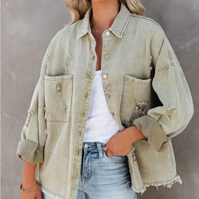 Ripped Long Sleeve Jeans Jacket with Crossed Lapel