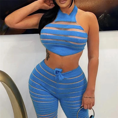 Transparent Striped Set With A Tie Back Top And Flared Pants