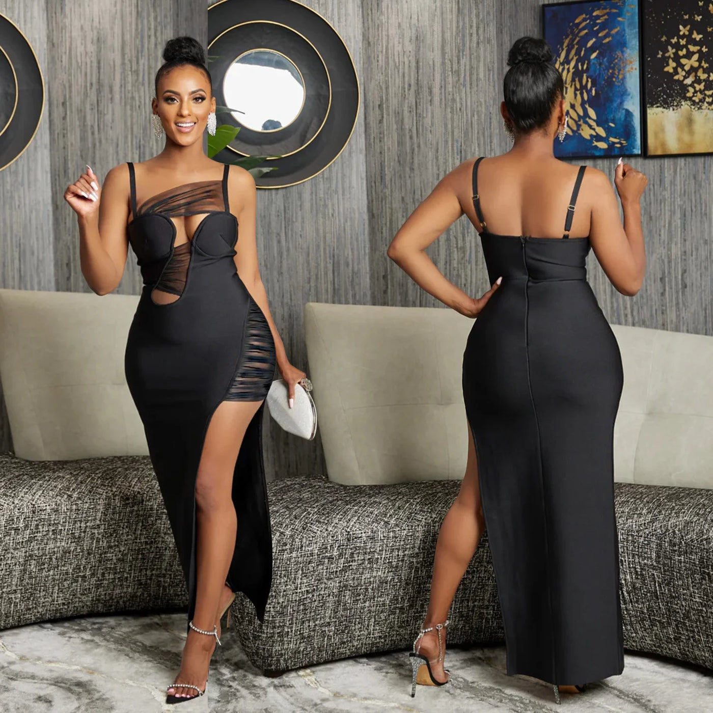Solid Color Mesh Hollow Bandage Long Dress