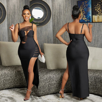 Solid Color Mesh Hollow Bandage Long Dress