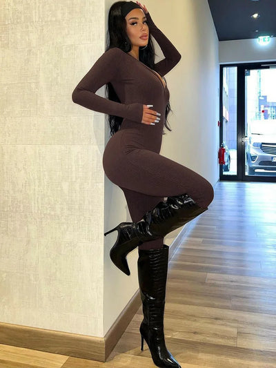 Versatility Women’s Small Pit Strip V-Neck Long Sleeved Jumpsuit High Waisted Skinny Hip Hugging Jumpsuit