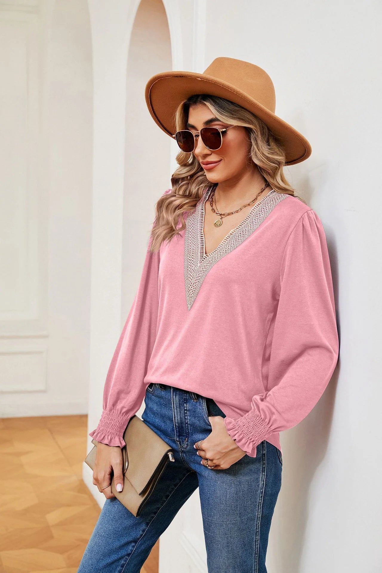 Lace Stitching Long Sleeve Loose Blouse