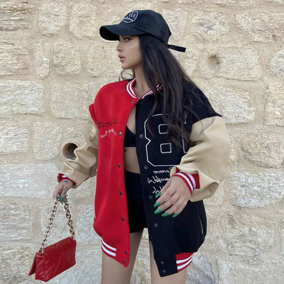 Contrast Color Baseball Jacket Cardigan Top For Women