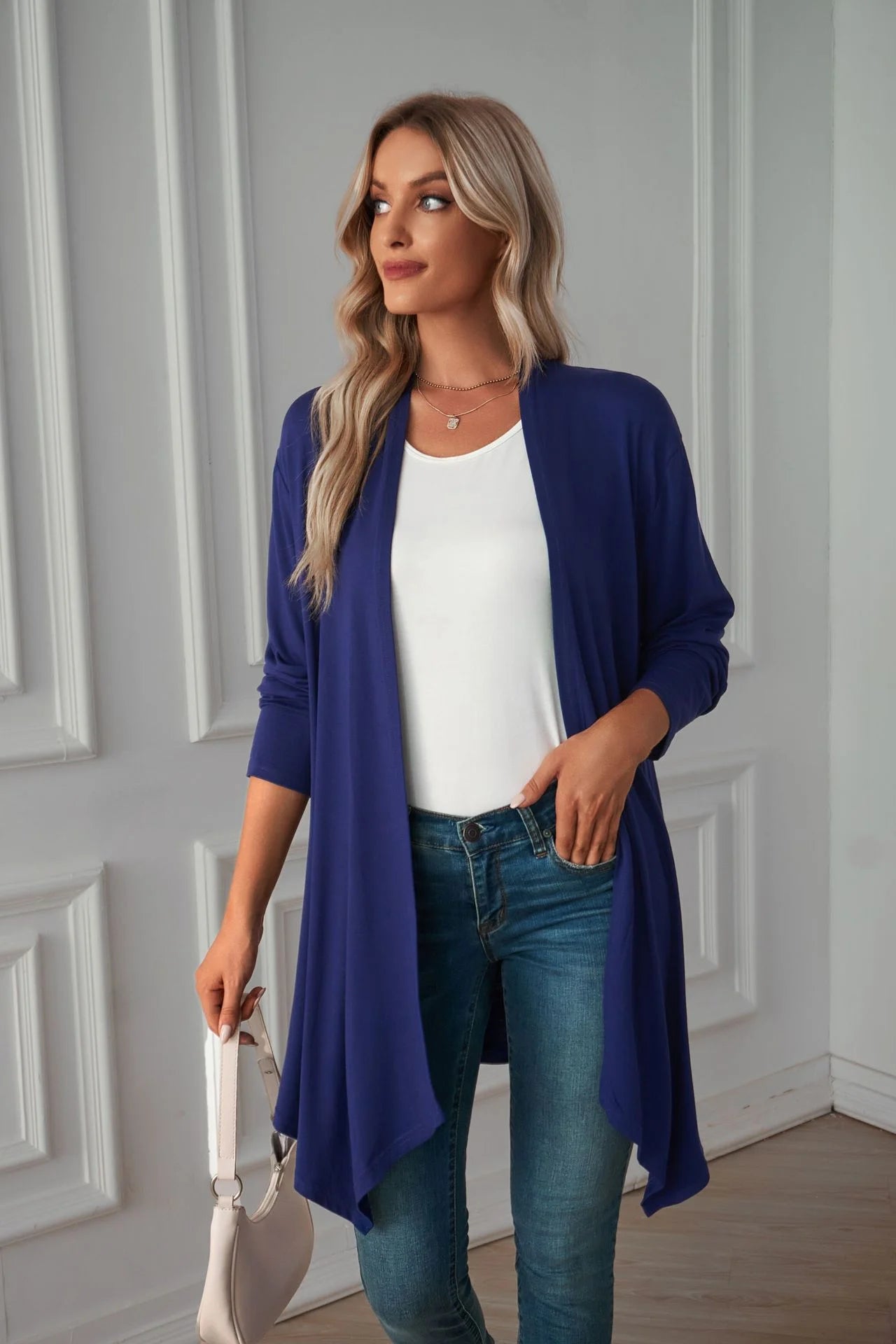 Pure Color Long Sleeved Cardigan Coat Long Blouse Woman